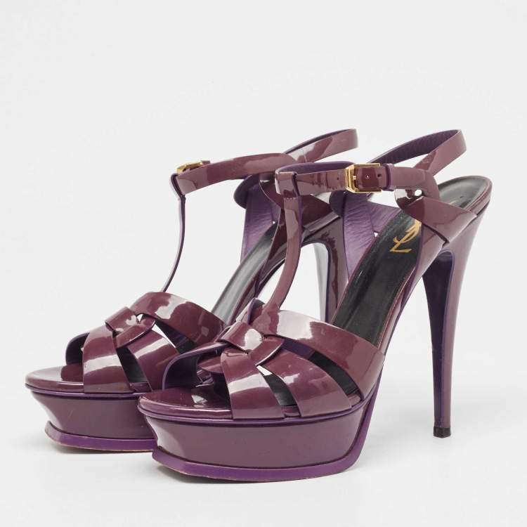 Pre Owned Saint Laurent Purple Patent Leather Tribute Platform Ankle Strap Sandals Size 39