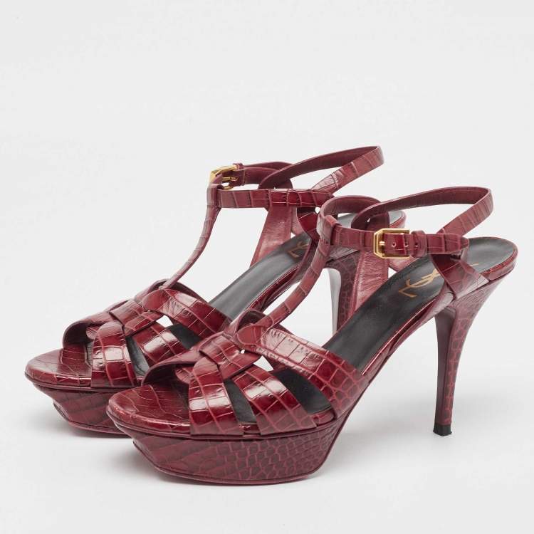 Pre Owned Saint Laurent Plum Embossed Crocodile Tribute Sandals Size 39