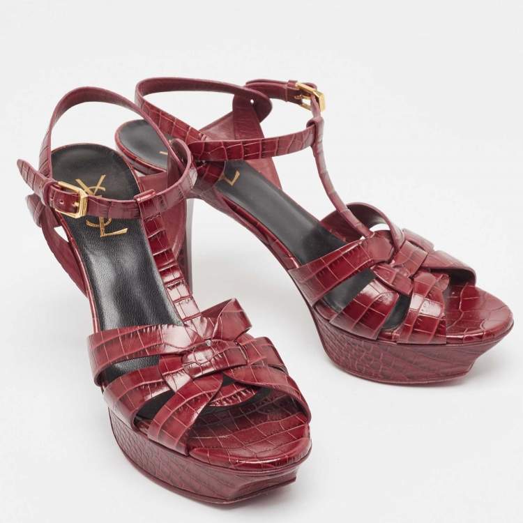 Pre Owned Saint Laurent Plum Embossed Crocodile Tribute Sandals Size 39