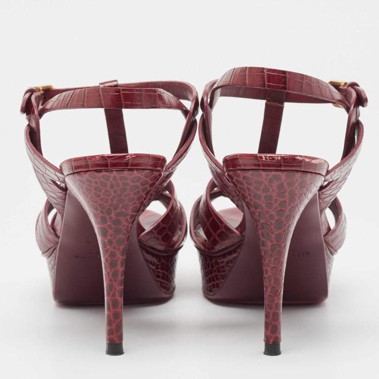 Pre Owned Saint Laurent Plum Embossed Crocodile Tribute Sandals Size 39