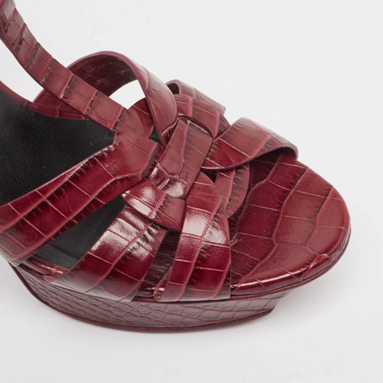 Pre Owned Saint Laurent Plum Embossed Crocodile Tribute Sandals Size 39