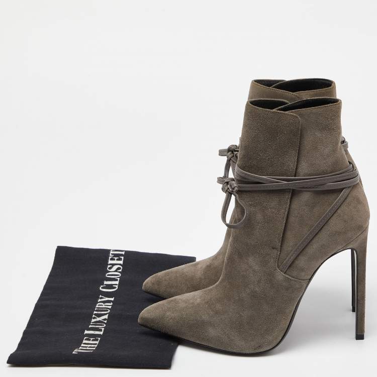 Pre Owned Saint Laurent Grey Suede Pointed Toe Ankle Boots Size 38.5