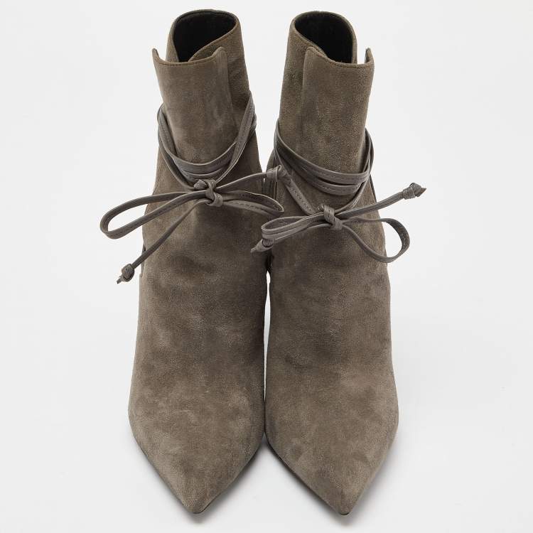 Pre Owned Saint Laurent Grey Suede Pointed Toe Ankle Boots Size 38.5