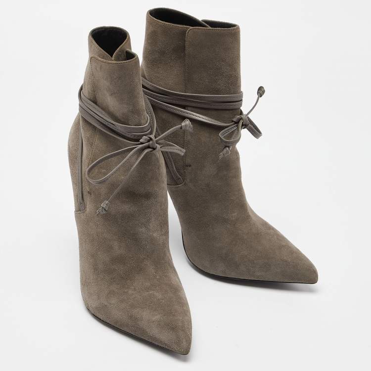 Pre Owned Saint Laurent Grey Suede Pointed Toe Ankle Boots Size 38.5