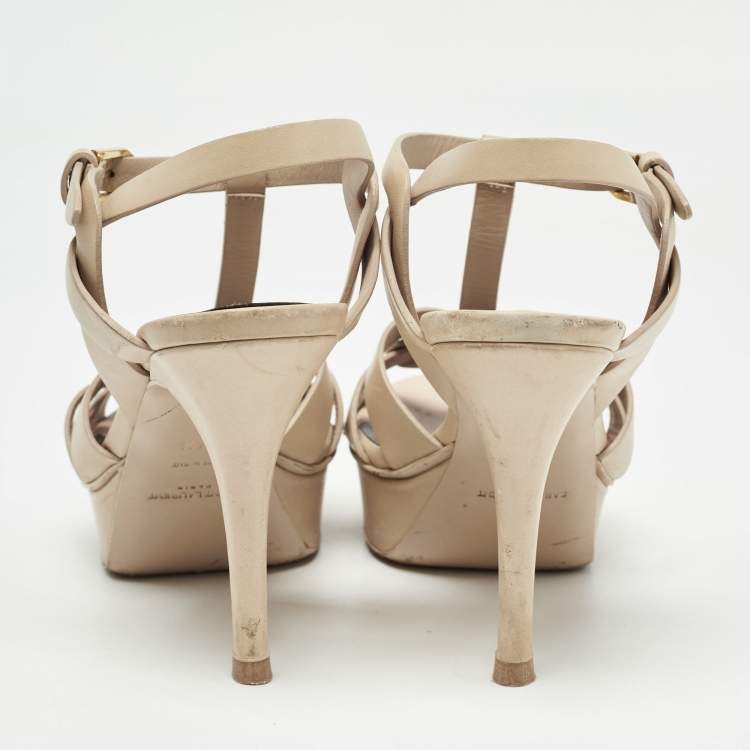 Pre Owned Saint Laurent Beige Leather Tribute Sandals Size 36.5