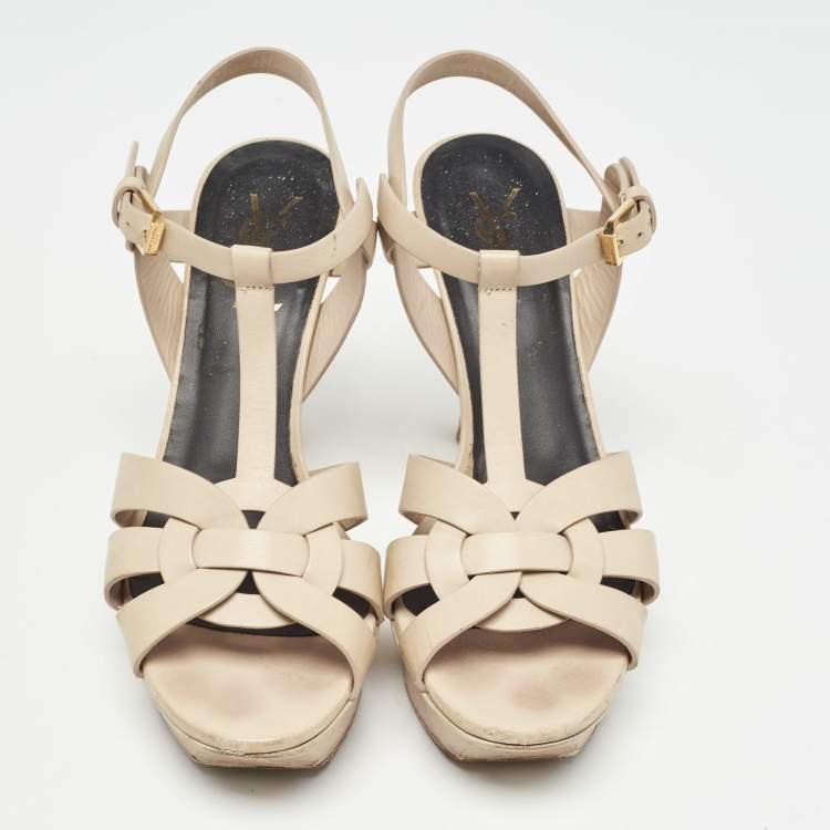 Pre Owned Saint Laurent Beige Leather Tribute Sandals Size 36.5