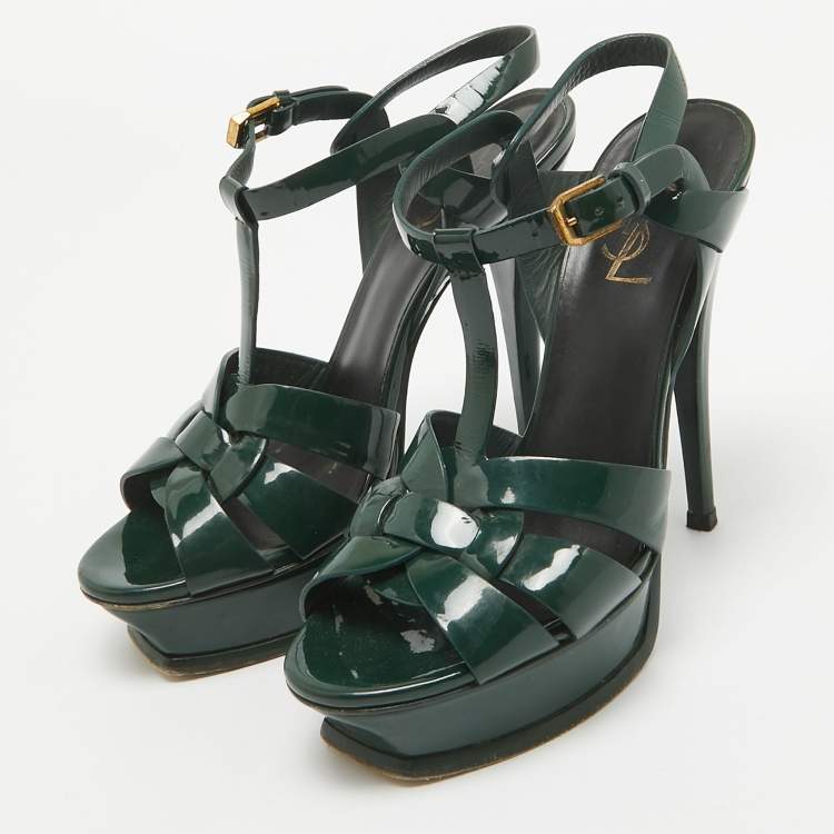 Pre Owned Saint Laurent Dark Green Patent Leather Tribute Sandals Size 37
