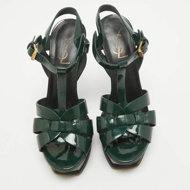 Pre Owned Saint Laurent Dark Green Patent Leather Tribute Sandals Size 37