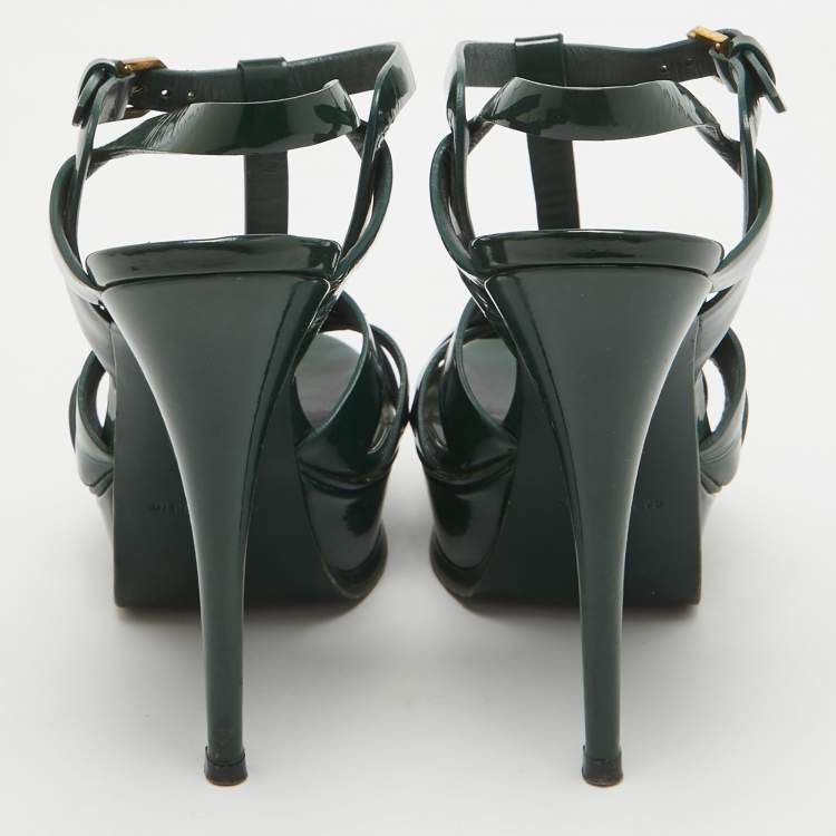 Pre Owned Saint Laurent Dark Green Patent Leather Tribute Sandals Size 37