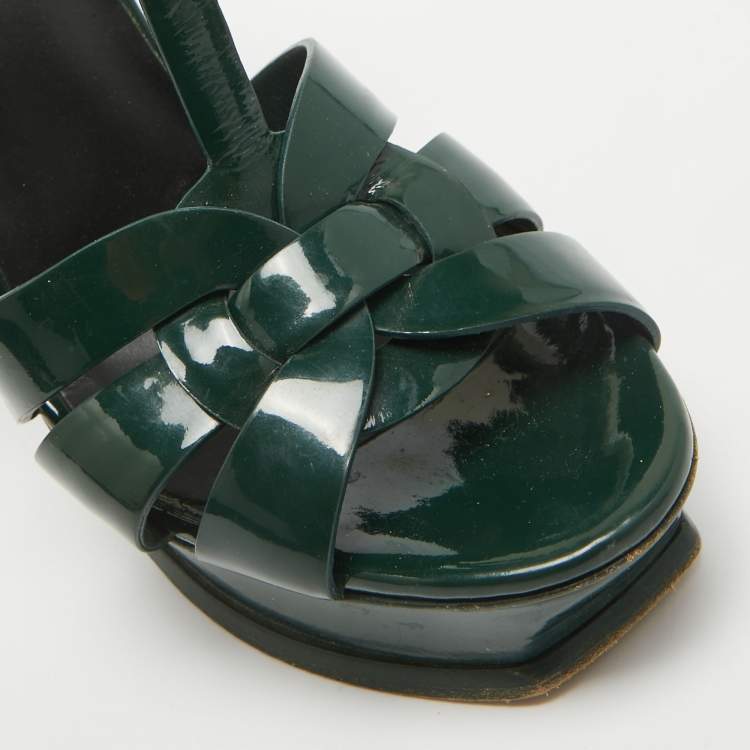 Pre Owned Saint Laurent Dark Green Patent Leather Tribute Sandals Size 37