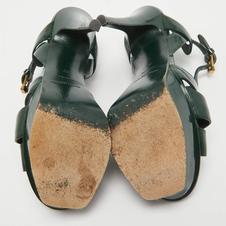 Pre Owned Saint Laurent Dark Green Patent Leather Tribute Sandals Size 37