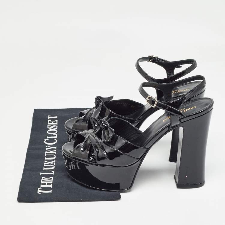 Pre Owned Saint Laurent Paris Black Patent Leather Candy Platform Block Heel Ankle Strap Sandals Size 39
