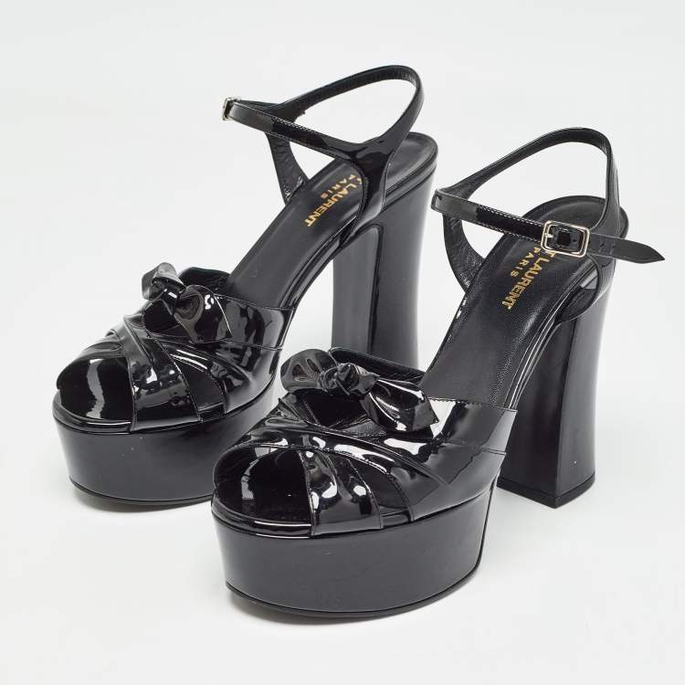 Pre Owned Saint Laurent Paris Black Patent Leather Candy Platform Block Heel Ankle Strap Sandals Size 39