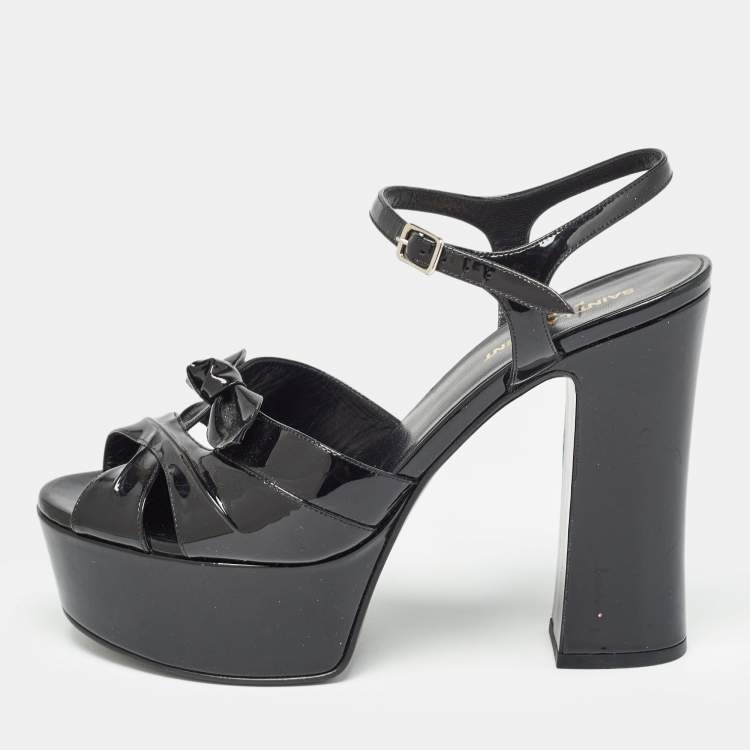 Pre Owned Saint Laurent Paris Black Patent Leather Candy Platform Block Heel Ankle Strap Sandals Size 39