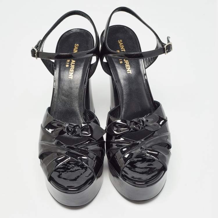 Pre Owned Saint Laurent Paris Black Patent Leather Candy Platform Block Heel Ankle Strap Sandals Size 39