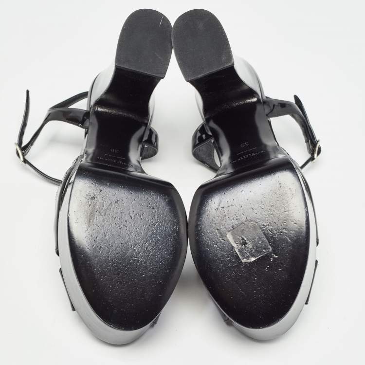 Pre Owned Saint Laurent Paris Black Patent Leather Candy Platform Block Heel Ankle Strap Sandals Size 39