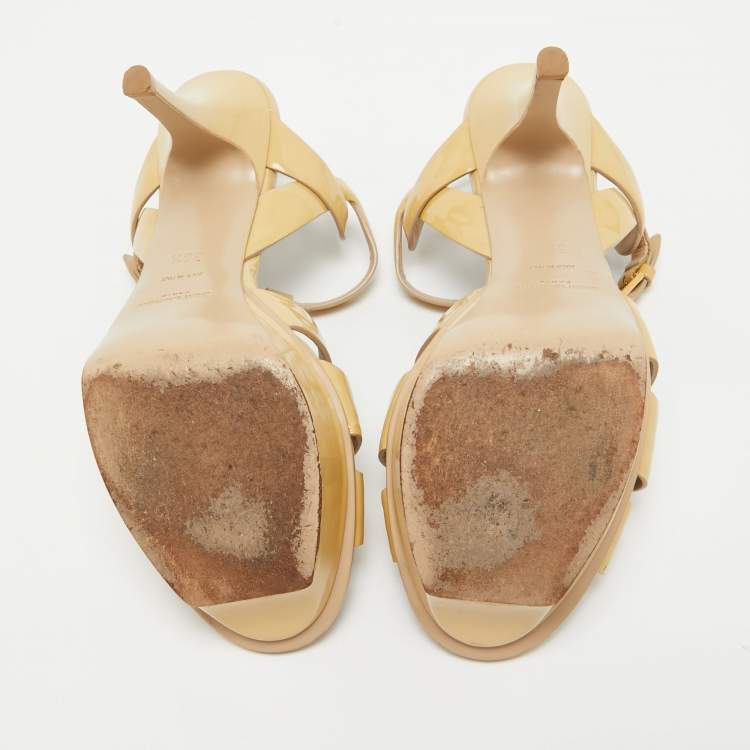 Pre Owned Saint Laurent Paris Beige Patent Leather Tribute Platform Ankle Strap Sandals Size 36.5