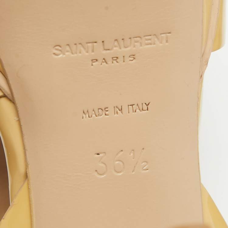 Pre Owned Saint Laurent Paris Beige Patent Leather Tribute Platform Ankle Strap Sandals Size 36.5