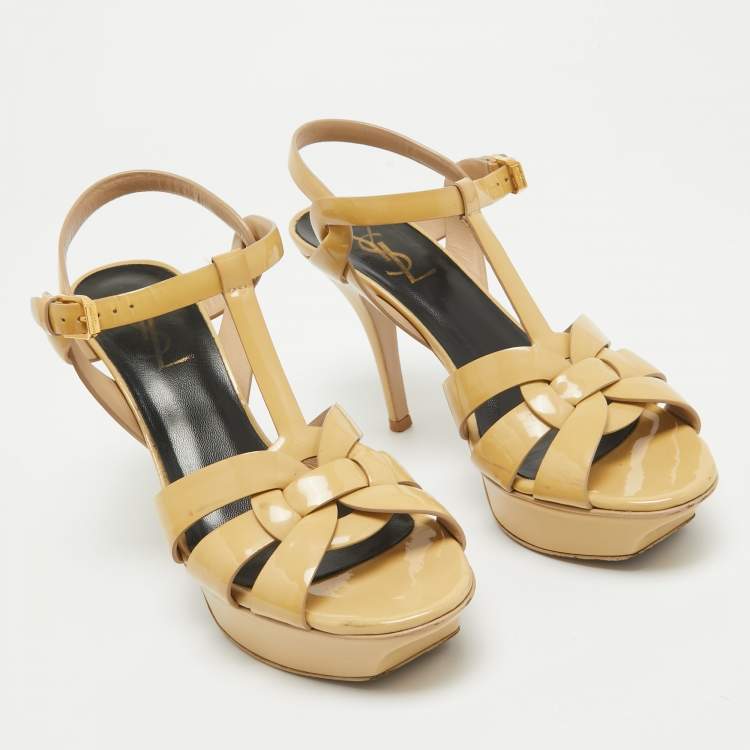 Pre Owned Saint Laurent Paris Beige Patent Leather Tribute Platform Ankle Strap Sandals Size 36.5