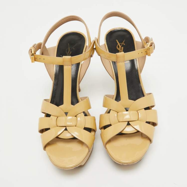 Pre Owned Saint Laurent Paris Beige Patent Leather Tribute Platform Ankle Strap Sandals Size 36.5