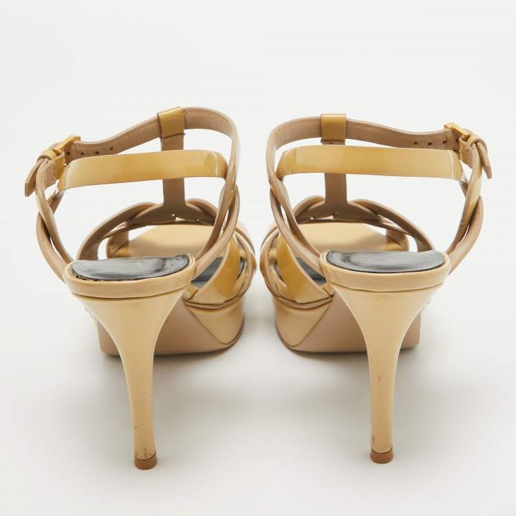 Pre Owned Saint Laurent Paris Beige Patent Leather Tribute Platform Ankle Strap Sandals Size 36.5