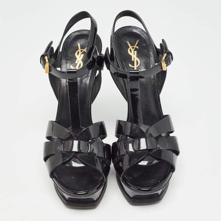 Pre Owned Saint Laurent Black Patent Leather Tribute Sandals Size 38.5 