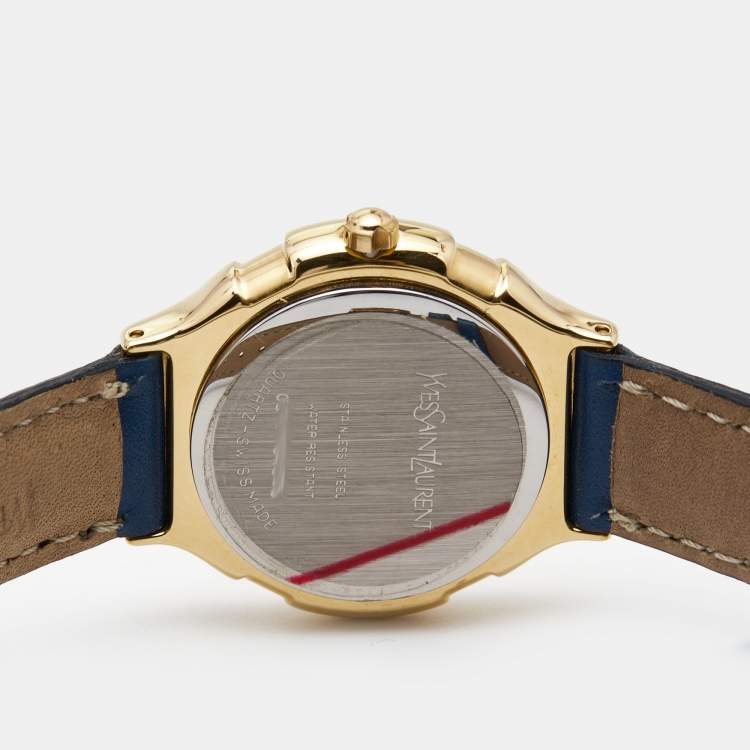 Pre Owned Yves Saint Laurent Blue Gold Plated Stainless Steel Leather Classic Women's Wristwatch 28 mm