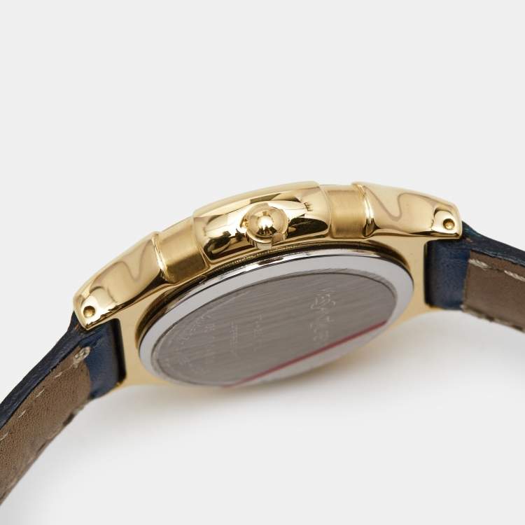 Pre Owned Yves Saint Laurent Blue Gold Plated Stainless Steel Leather Classic Women's Wristwatch 28 mm