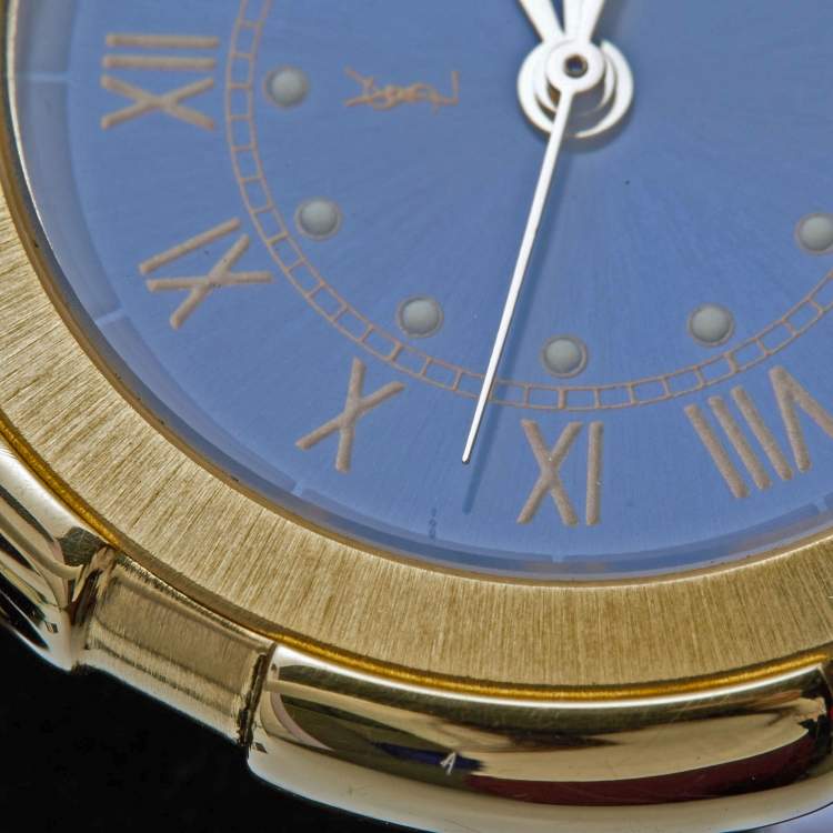 Pre Owned Yves Saint Laurent Blue Gold Plated Stainless Steel Leather Classic Women's Wristwatch 28 mm
