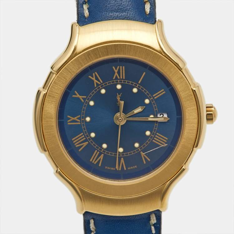 Pre Owned Yves Saint Laurent Blue Gold Plated Stainless Steel Leather Classic Women's Wristwatch 28 mm