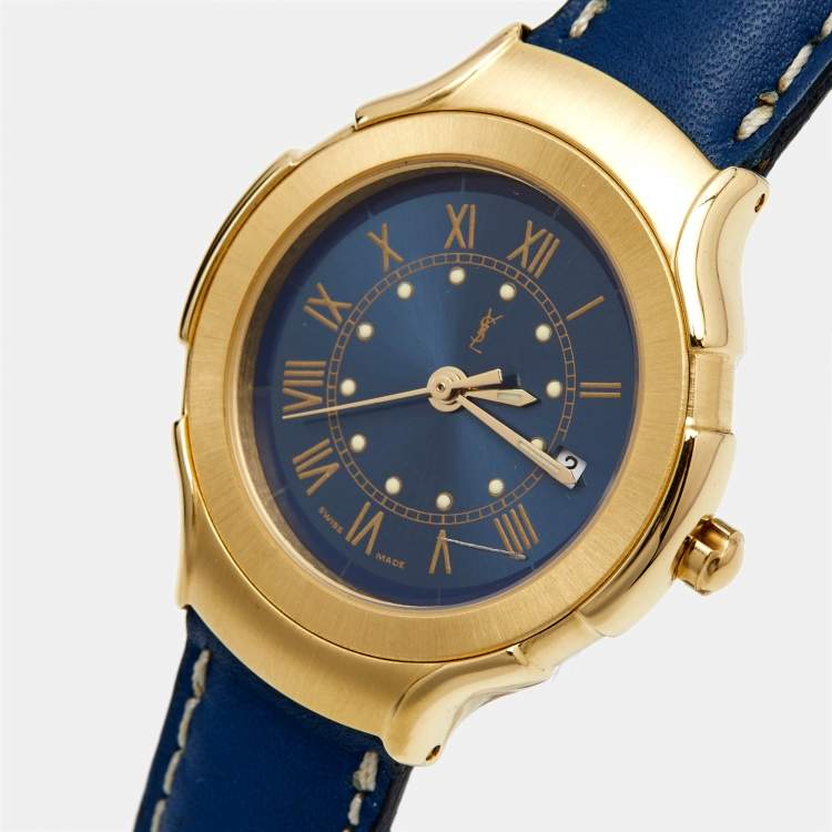 Pre Owned Yves Saint Laurent Blue Gold Plated Stainless Steel Leather Classic Women's Wristwatch 28 mm