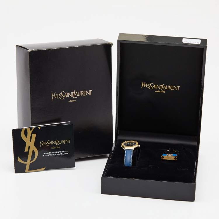 Pre Owned Yves Saint Laurent Blue Gold Plated Stainless Steel Leather Classic Women's Wristwatch 28 mm