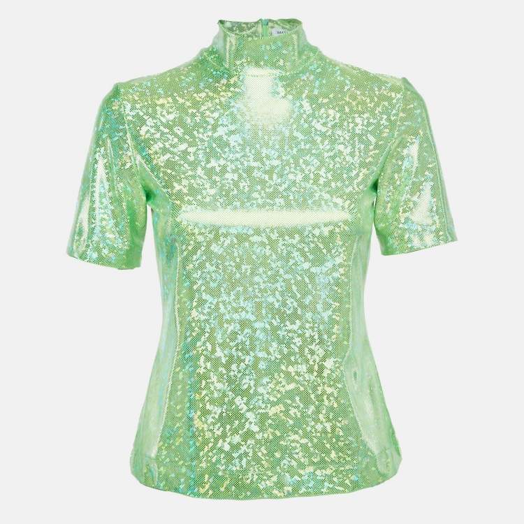 مملوكة مسبقًا Saks Potts Poison Green Foil Print Jersey Cut-Out Top S