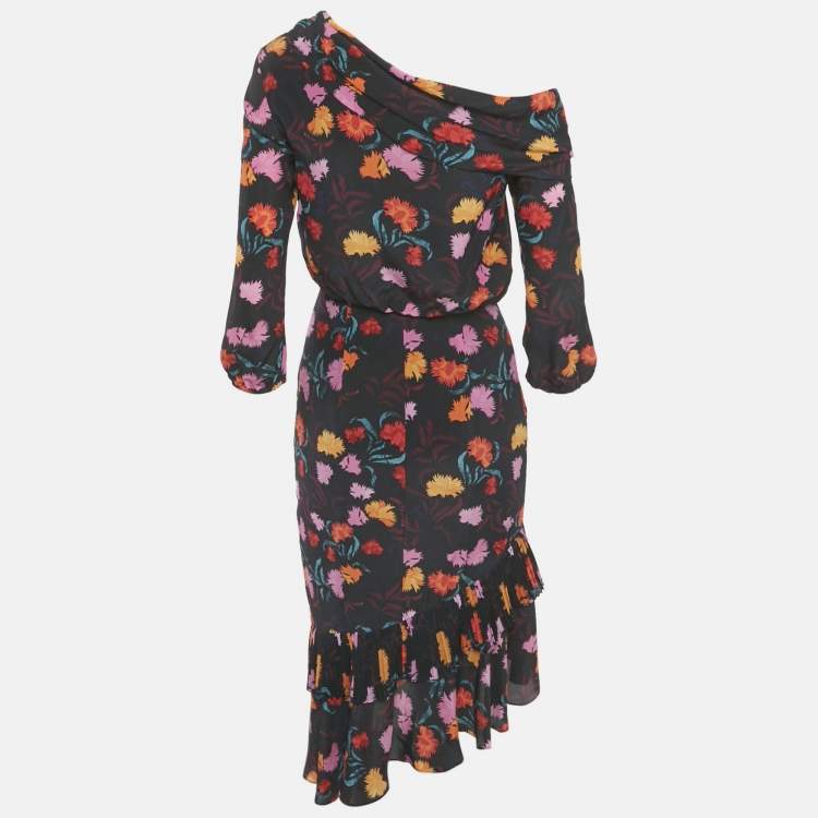 Pre Owned Saloni Silk Ruffled Asymmetric Midi Dress S