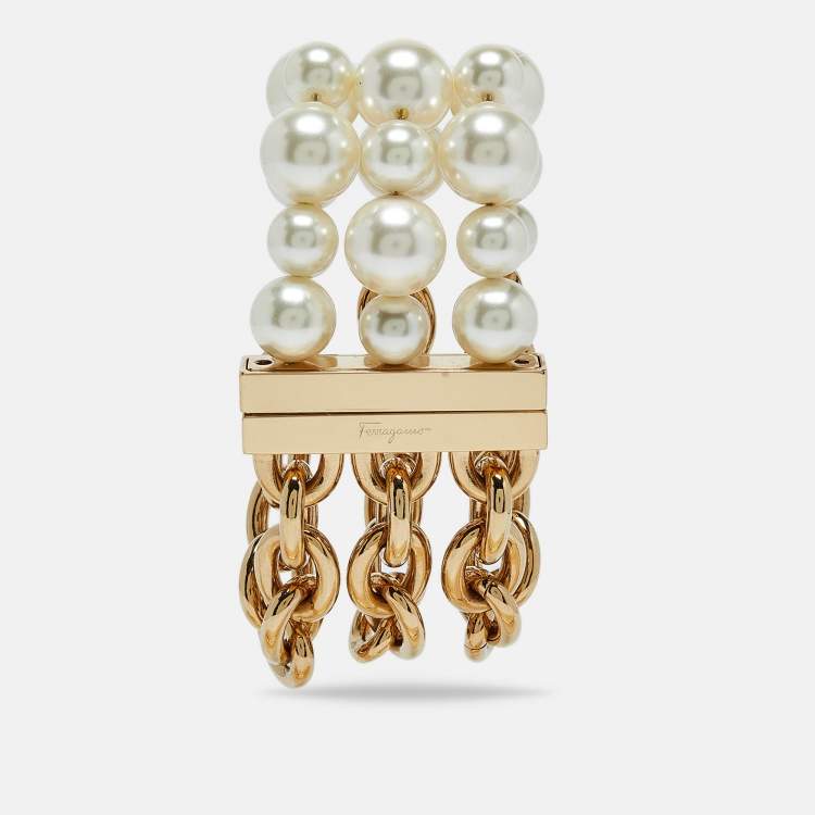 Pre Owned Salvatore Ferragamo Faux Pearl Gold Tone Bracelet