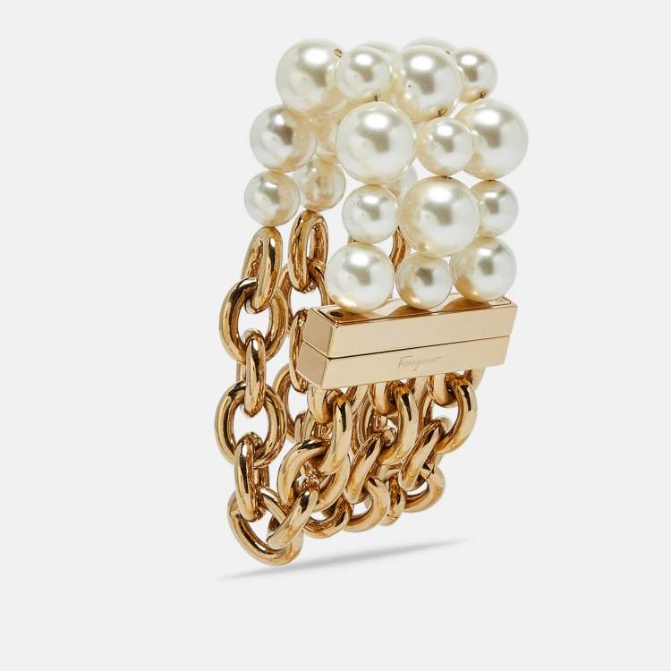 Pre Owned Salvatore Ferragamo Faux Pearl Gold Tone Bracelet