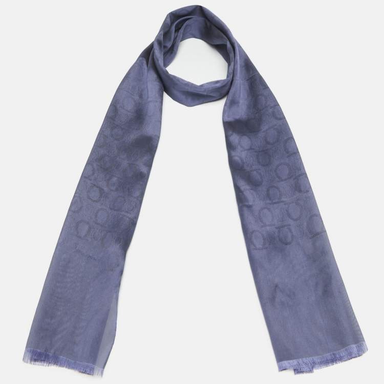 Pre Owned Salvatore Ferragamo Navy Blue Ganchini Silk Jacquard Lightweight Scarf