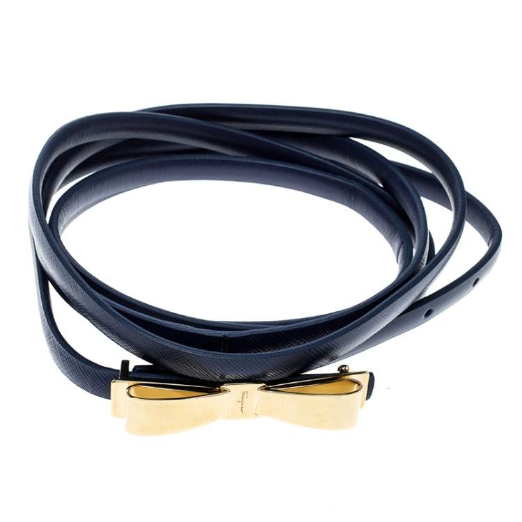 Pre Owned Salvatore Ferragamo Blue Leather Long Skinny Belt 95cm