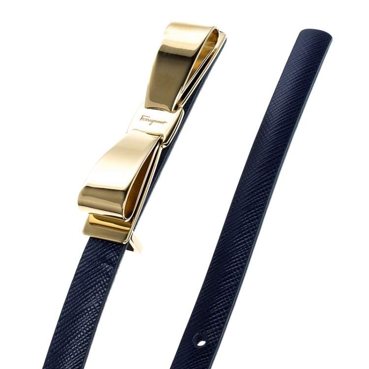Pre Owned Salvatore Ferragamo Blue Leather Long Skinny Belt 95cm