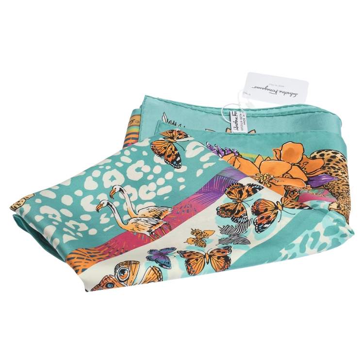 Pre Owned Salvatore Ferragamo Aqua Blue Guizzo Silk Square Scarf