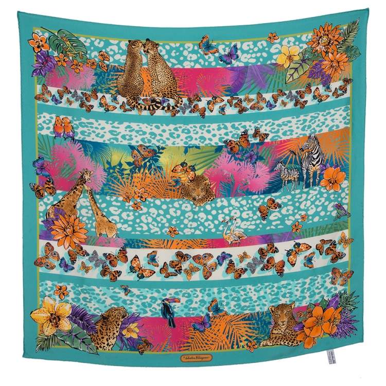 Pre Owned Salvatore Ferragamo Aqua Blue Guizzo Silk Square Scarf