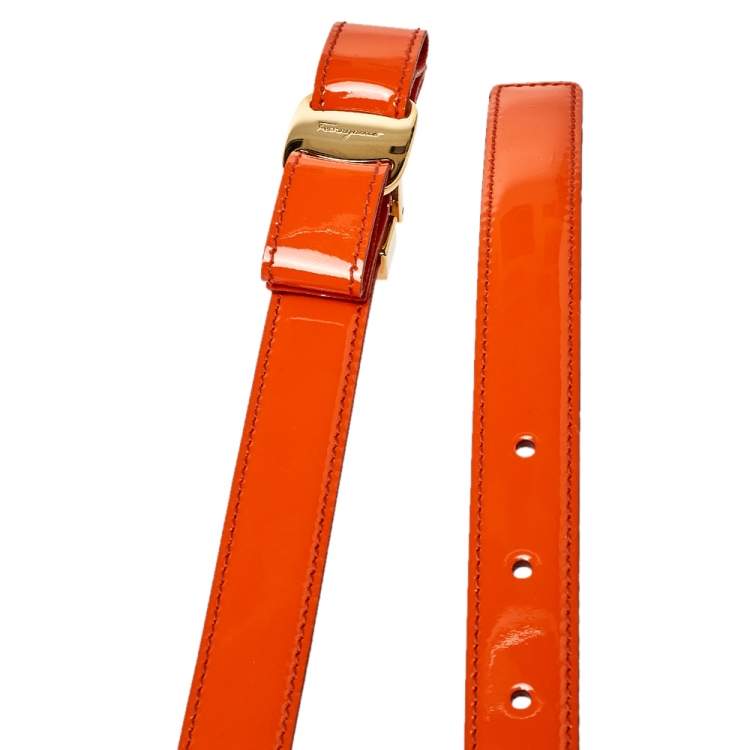 Pre Owned Salvatore Ferragamo Orange Patent Leather Vara Bow Slim Belt 100 CM