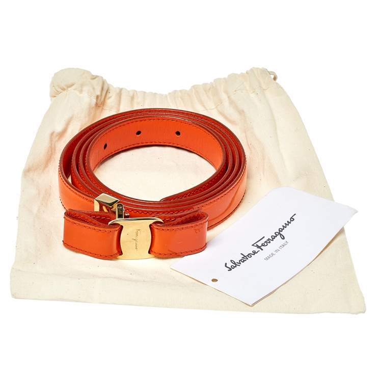 Pre Owned Salvatore Ferragamo Orange Patent Leather Vara Bow Slim Belt 100 CM