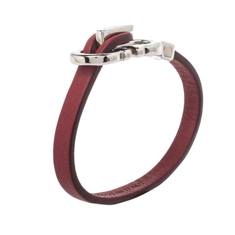 Pre Owned Salvatore Ferragamo Dark Red Leather Gancini Bracelet