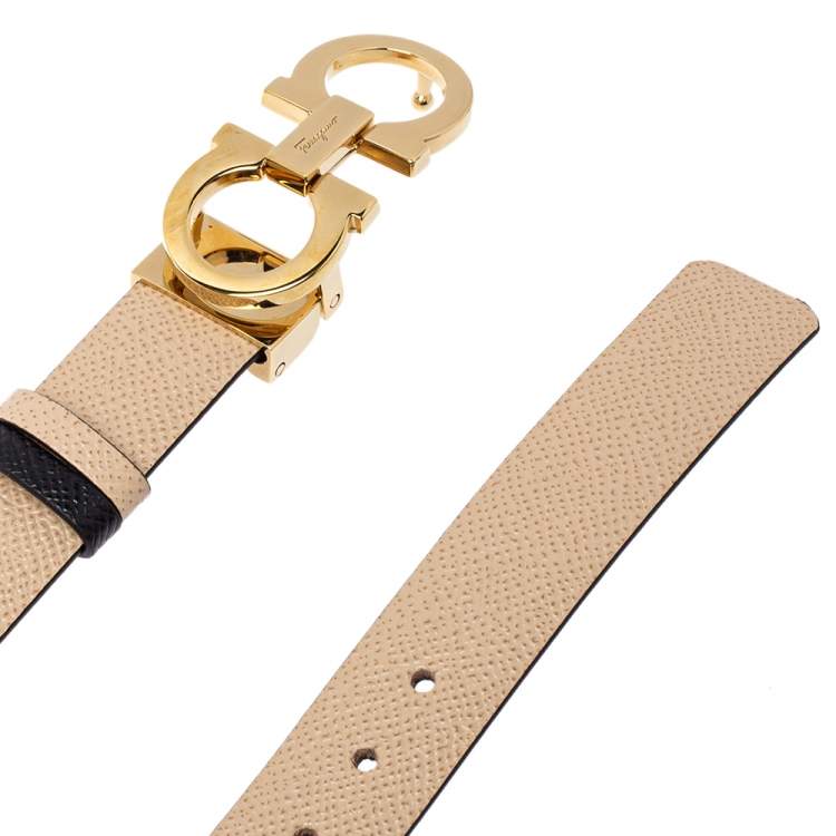 Pre Owned Salvatore Ferragamo Beige Leather Gancini Buckle Belt 100CM
