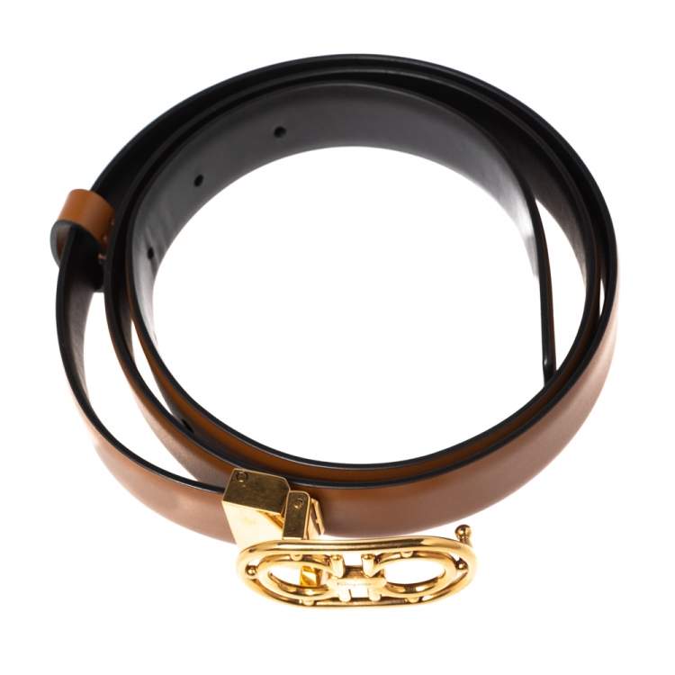Pre Owned Salvatore Ferragamo Tan Leather Gancini Buckle Belt 85CM