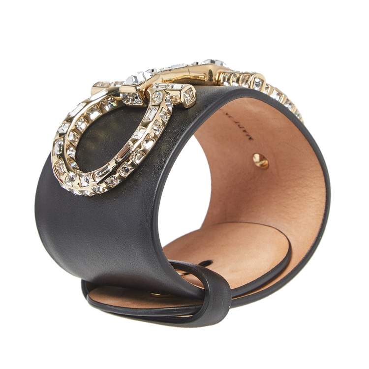 مملوكة مسبقًا Salvatore Ferragamo Black Leather Crystal Embellished Gancini Bracelet