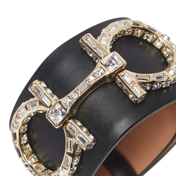 مملوكة مسبقًا Salvatore Ferragamo Black Leather Crystal Embellished Gancini Bracelet