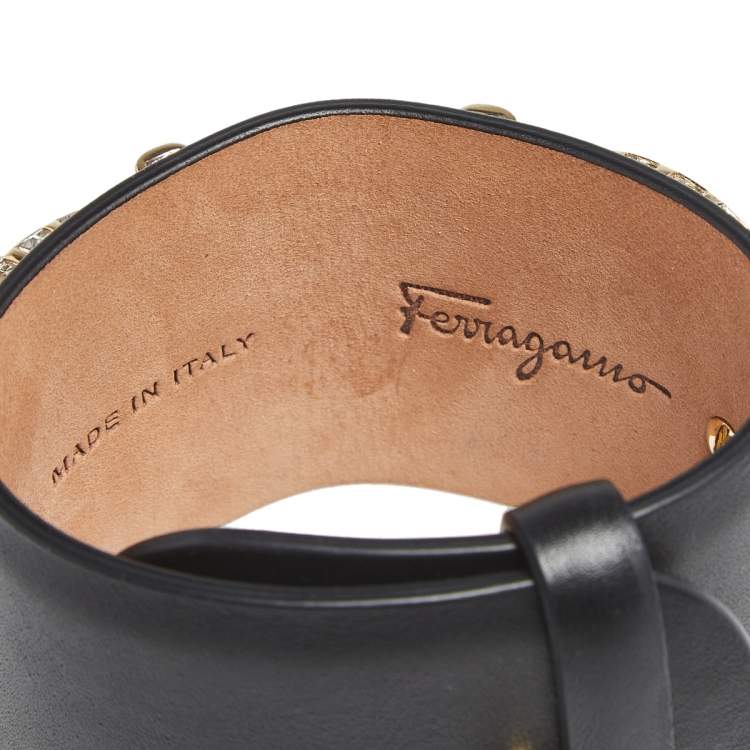 مملوكة مسبقًا Salvatore Ferragamo Black Leather Crystal Embellished Gancini Bracelet