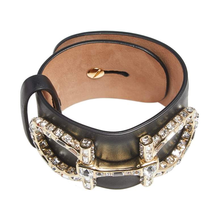 مملوكة مسبقًا Salvatore Ferragamo Black Leather Crystal Embellished Gancini Bracelet